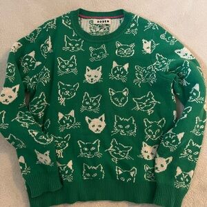 Heather Jacquard Boden Green Cat Pattern Crewneck Sweater